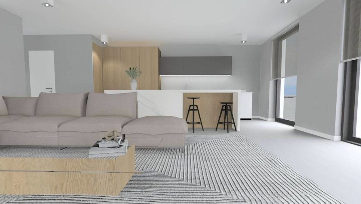 HU Siofok Konfido 5 izbovy byt na predaj novostavba pohlad na vizualizaciu obyvacej izby s kuchynou a vstupom na terasu